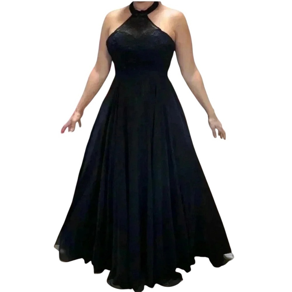 Black Maxi Flare Halter Dress Lace Bodice Size S